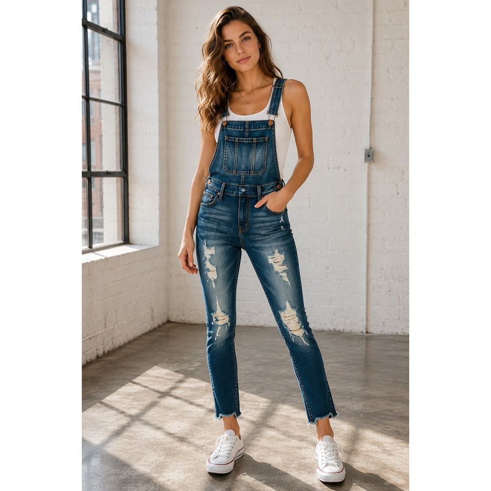 Refuge Denim Overalls Women Medium Wash Blue Distressed Raw Hem Skinny Dungarees